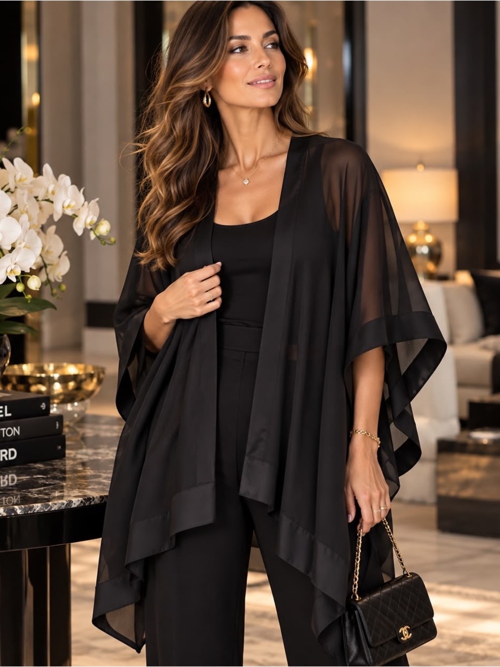 NWT Karl Lagerfeld Paris Black Sheer Kimono Cardigan Wrap Cover-Up One Size